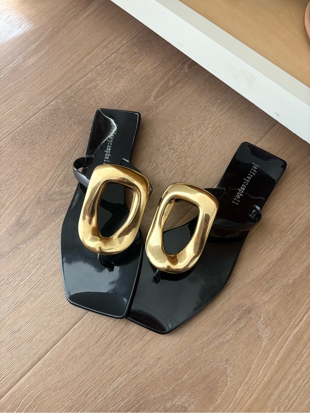 Jeffrey Campbell Black Patent Thong Sandals with Gold Buckle Accent